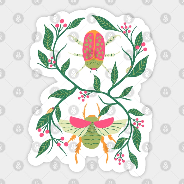 Pink and Green Garden Beetles Sticker by latheandquill